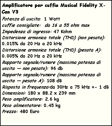 Casella di testo: Amplificatore per cuffia Musical Fidelity X-Can V3Potenza di uscita:  1 Wattcuffie consigliate:  da 16 a 55 ohm maxImpedenza di ingresso: 47 KohmDistorsione armonica totale (THD) (non pesata): 0.015% da 20 Hz a 20 kHzDistorsione armonica totale (THD) (pesata A): 0.005% da 20 Hz a 20 kHzRapporto segnale/rumore (massima potenza di uscita � non pesato): 96 dbRapporto segnale/rumore (massima potenza di uscita � pesato A): 108 dBRisposta in frequenza: da 30Hz a 75 kHz  +- 1 dBDimensioni: 180 x 88.2 x 239 mmPeso amplificatore: 2.6 kgPeso alimentatore: 0.45 kg Prezzo: 480 Euro