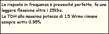 Casella di testo: La risposta in frequenza è pressoché perfetta, fa una leggera flessione oltre i 25Khz.
La TDH alla massima potenza di 1,5 Wrms rimane sempre sotto 0,95%